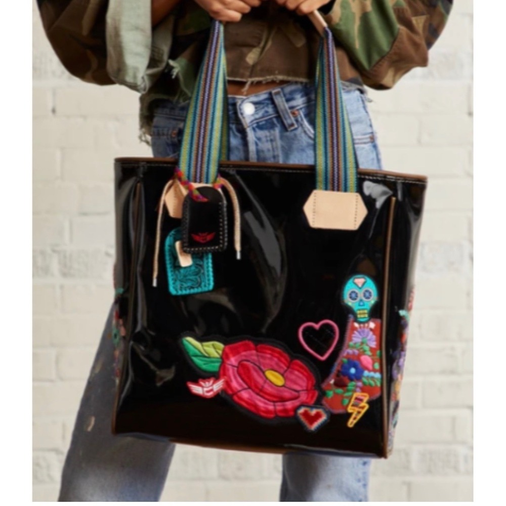 Consuela Poppy Classic Tote Bag Women Black Good Embroidered Sugar Skull Floral